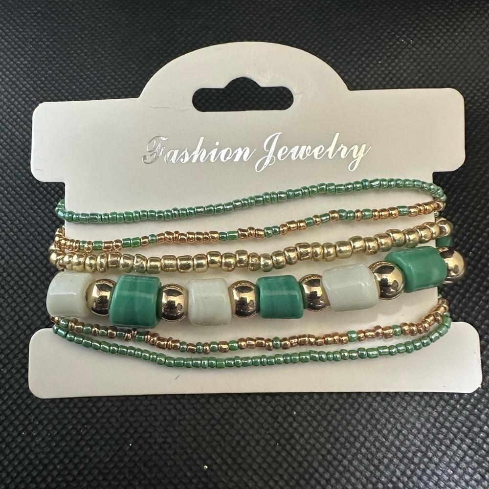 Green and Gold Beaded Bracelet Set
